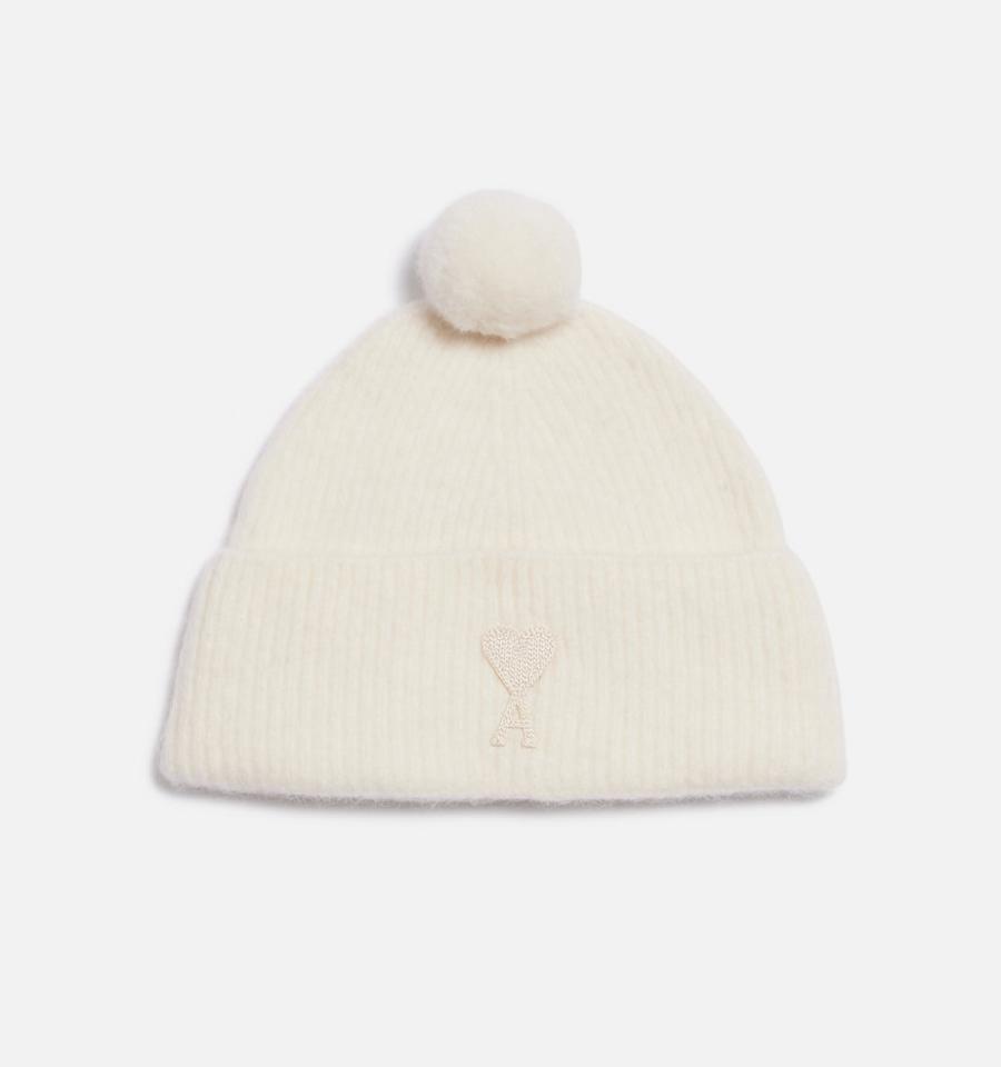 Ami Paris Ami De Coeur with Pom Pom Beanies Beige | ami_US220
