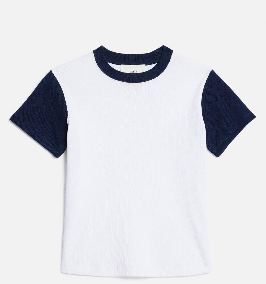 Ami Paris Bicolor Ami de Cœur T Shirts White / Navy | ami_US244