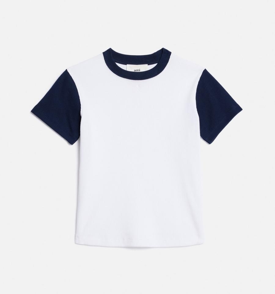 Ami Paris Bicolor Ami de Cœur T Shirts White / Navy | ami_US507