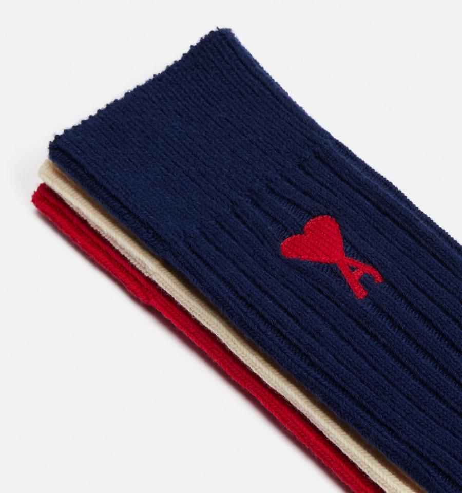 Ami Paris Three Pack Ami de Coeur Socks Navy / Beige / Red | ami_US110